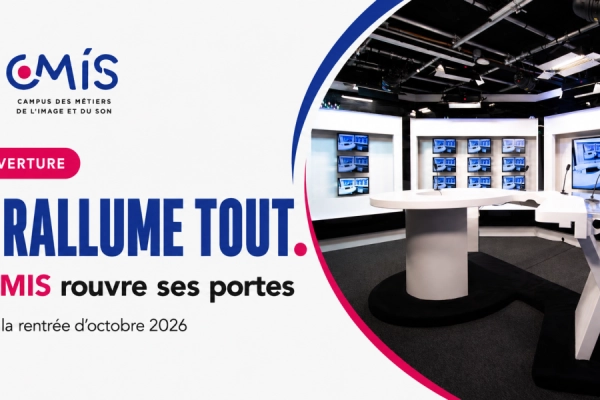Visuel annonçant la réouverture du CMIS – Campus des Métiers de l’Image et du Son à Hérouville-Saint-Clair. Le message « On rallume tout » accompagne une photo du plateau TV du campus. Le visuel annonce également la Journée Portes Ouvertes du samedi 19 sep