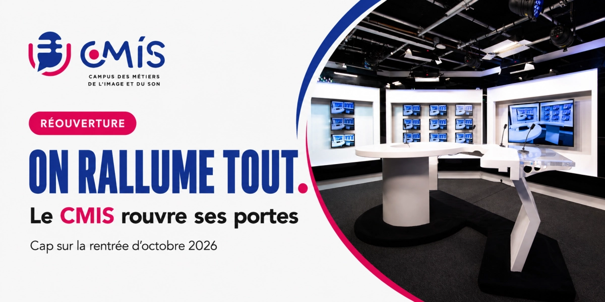 Visuel annonçant la réouverture du CMIS – Campus des Métiers de l’Image et du Son à Hérouville-Saint-Clair. Le message « On rallume tout » accompagne une photo du plateau TV du campus. Le visuel annonce également la Journée Portes Ouvertes du samedi 19 sep