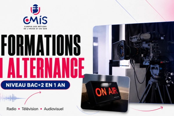 Visuel présentant les trois formations en alternance du CMIS dans les métiers de la radio, de la présentation audiovisuelle et de la technique audiovisuelle.