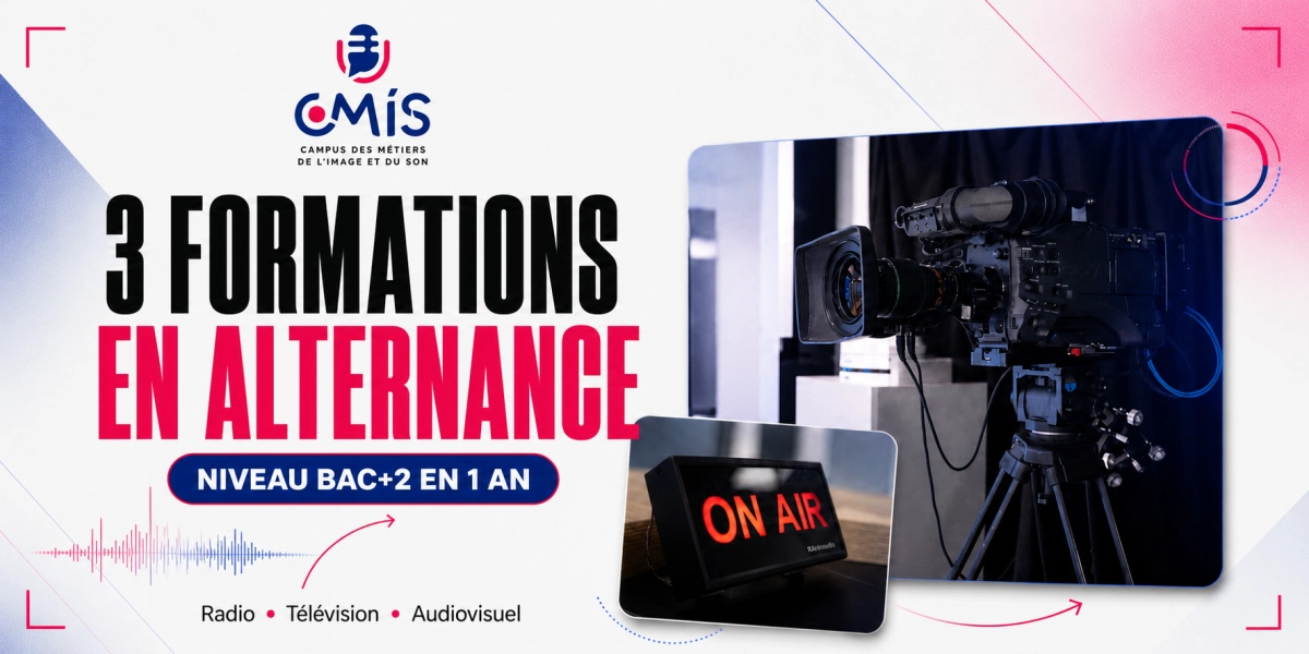 Visuel présentant les trois formations en alternance du CMIS dans les métiers de la radio, de la présentation audiovisuelle et de la technique audiovisuelle.